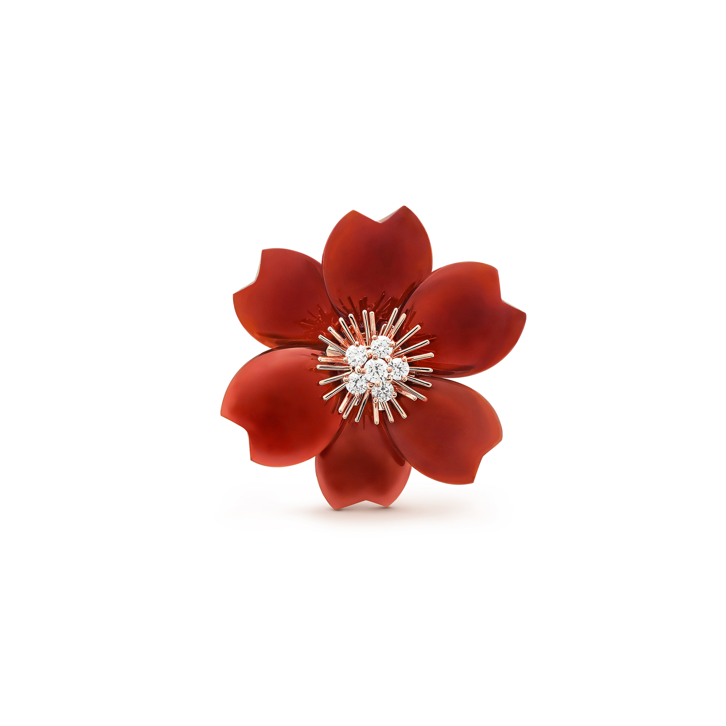 VAN CLEEF ARPELS ROSE DE NOËL CLIP, MEDIUM MODEL - ROSE GOLD, CARNELIAN, DIAMOND  VCARO9B600